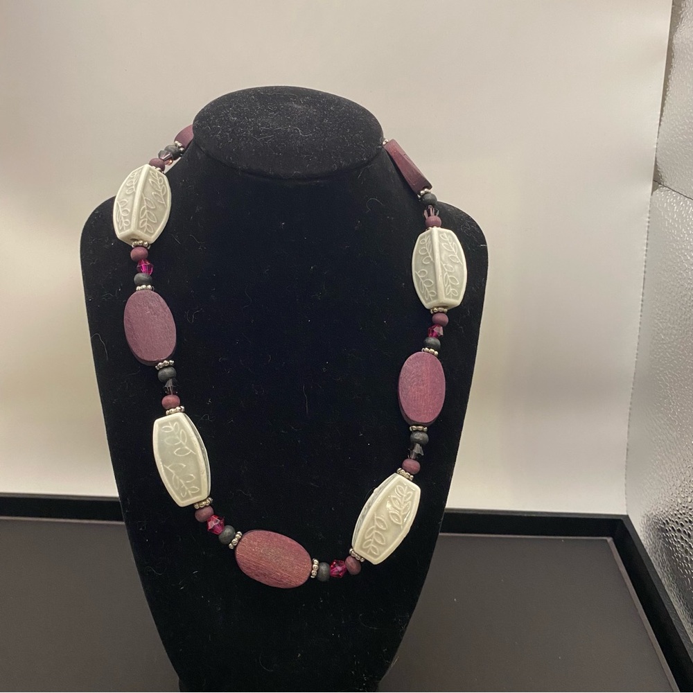 Purple and Cream Oval Ceramic and Wood Beaded Statement Necklace